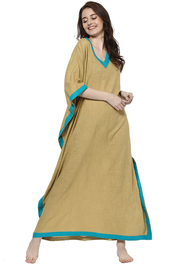Beige Blue V-Neck Cotton Kaftan