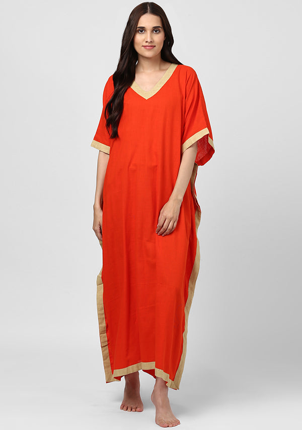 Orange Beige V-Neck Cotton Kaftan