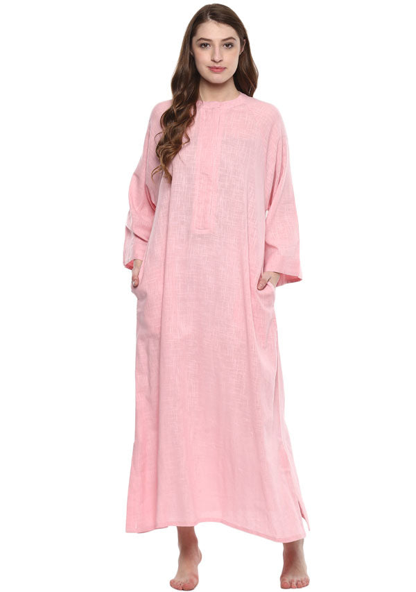 uNidraa Pink Cotton Night Dress With Long Sleeves and Zip Detail