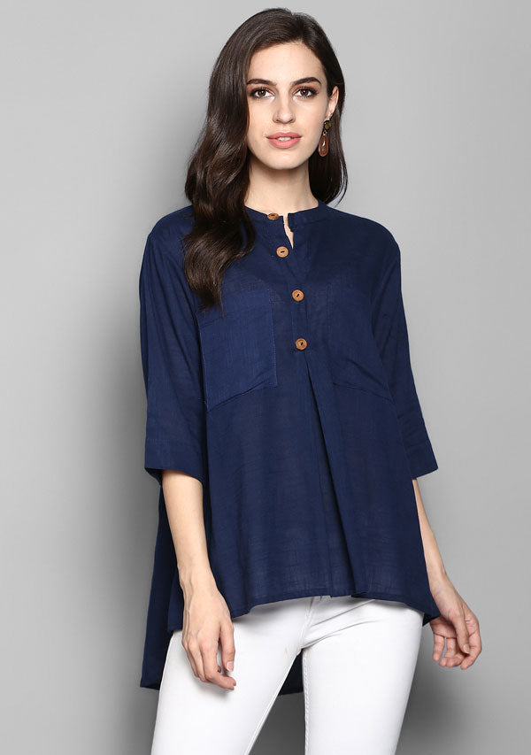 Navy Blue Short Cotton Tunic With Pleats - unidra.myshopify.com