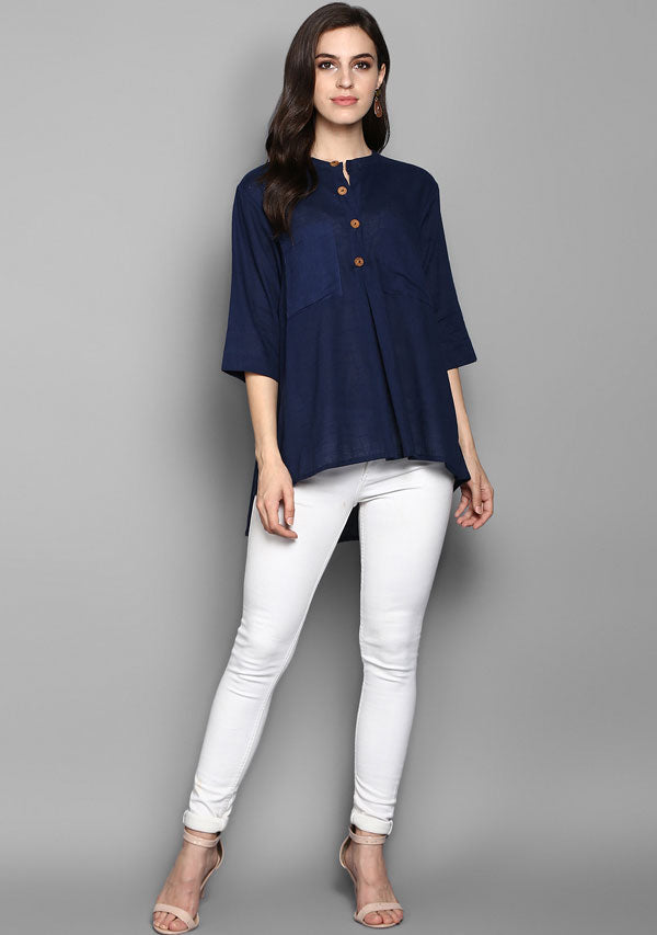 Navy Blue Short Cotton Tunic With Pleats - unidra.myshopify.com