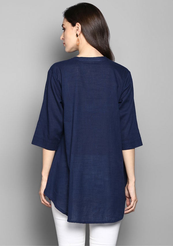 Navy Blue Short Cotton Tunic With Pleats - unidra.myshopify.com