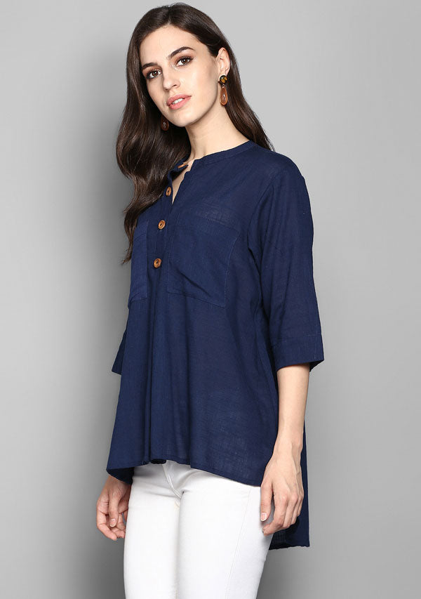Navy Blue Short Cotton Tunic With Pleats - unidra.myshopify.com