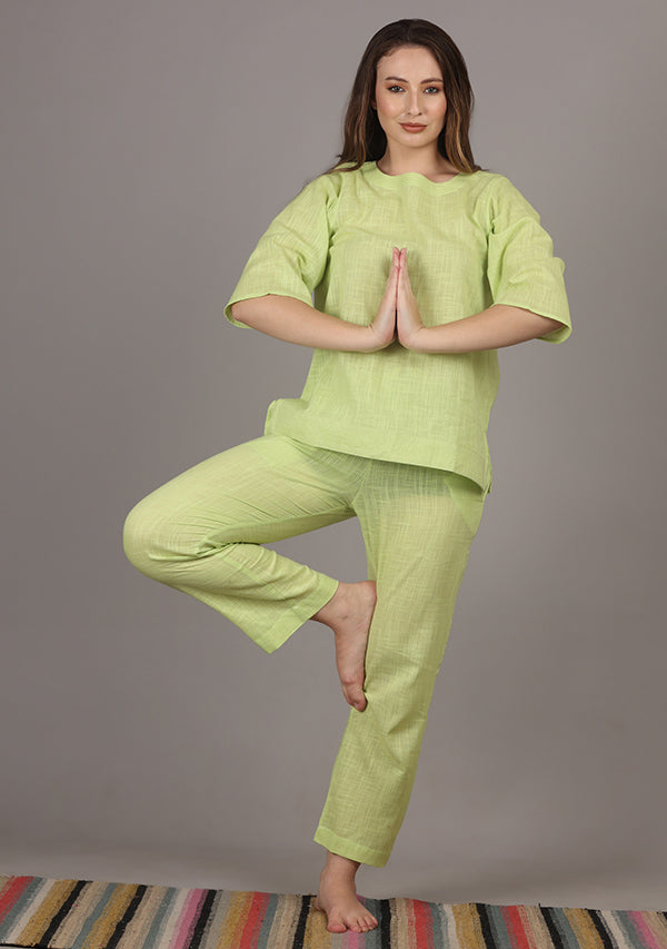 Neon Green Cotton Yoga Wear With Sleeves