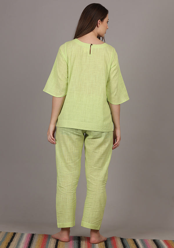 Neon Green Cotton Yoga Wear With Sleeves