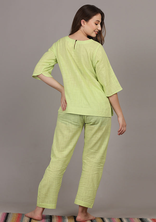 Neon Green Cotton Yoga Wear With Sleeves