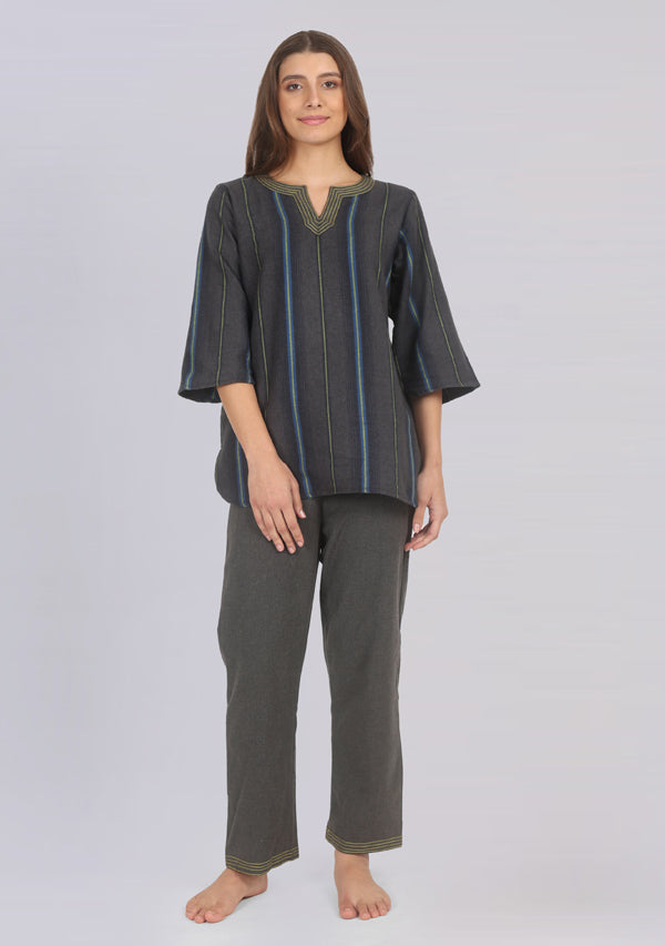 Flannel Grey Yellow Striped Night Suit With Trimmings