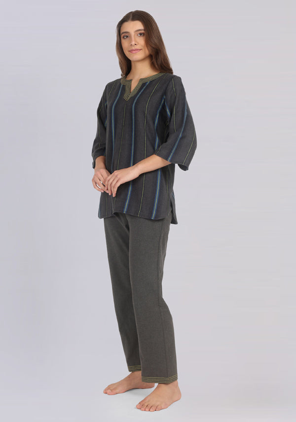 Flannel Grey Yellow Striped Night Suit With Trimmings