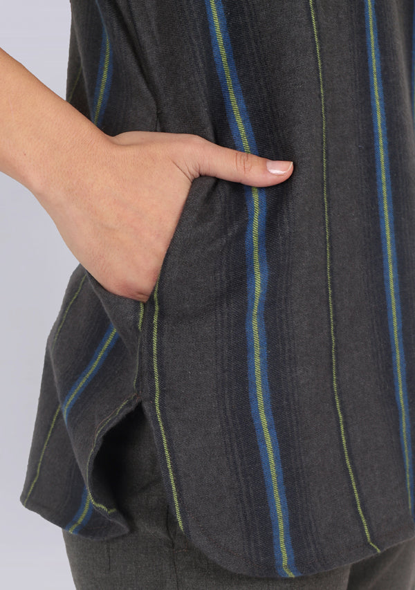 Flannel Grey Yellow Striped Night Suit With Trimmings