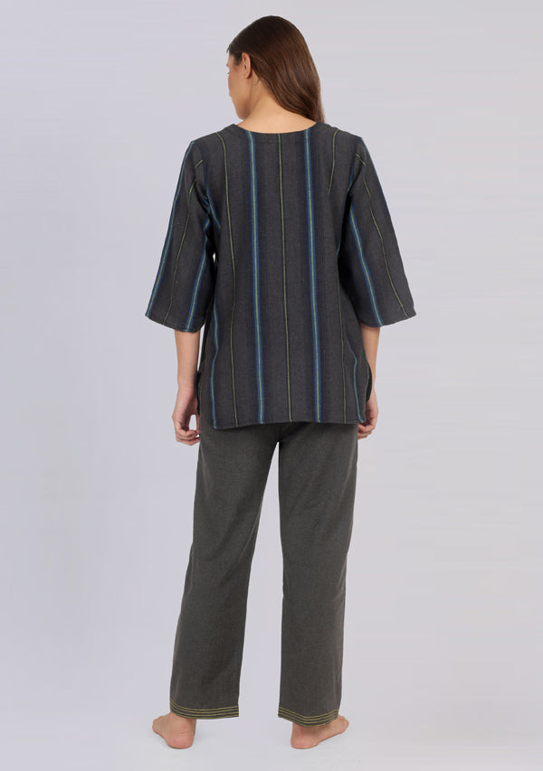 Flannel Grey Yellow Striped Night Suit With Trimmings