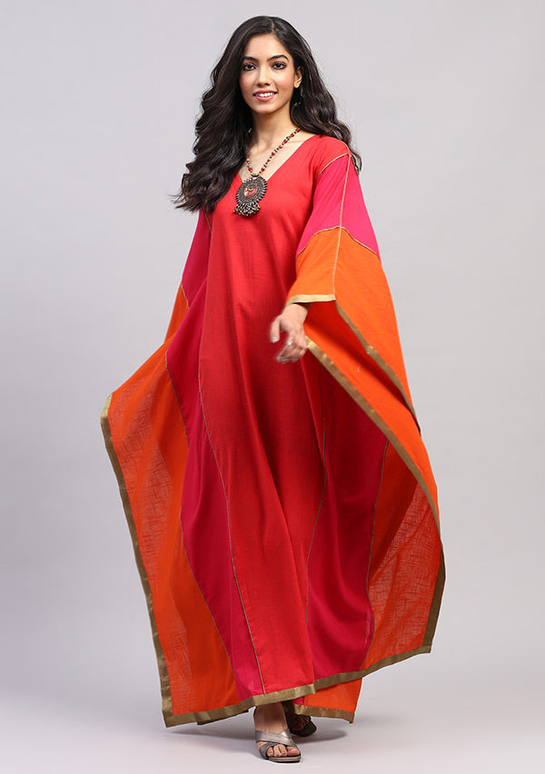 Flowy Flame Colour Kaftan With Bronze Tissue Trimmings