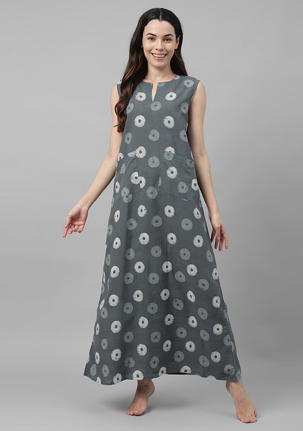 Grey Hand Block  Printed Sleeveless Cotton Night Dress