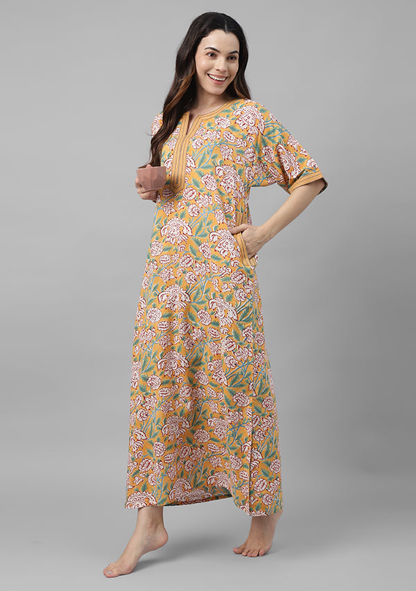 Yellow  Hand Block Printed Flower Motif Nighty Kaftan with contrast Stitch Lines