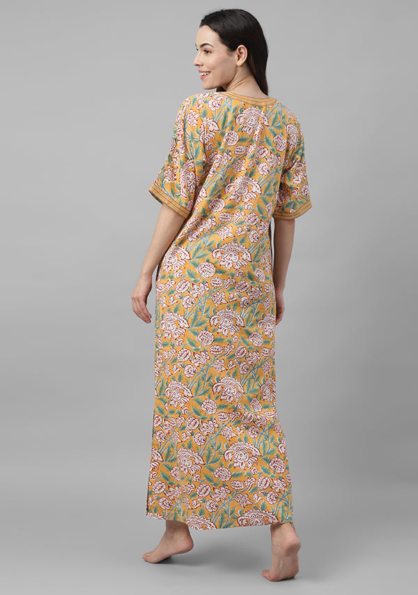 Yellow  Hand Block Printed Flower Motif Nighty Kaftan with contrast Stitch Lines