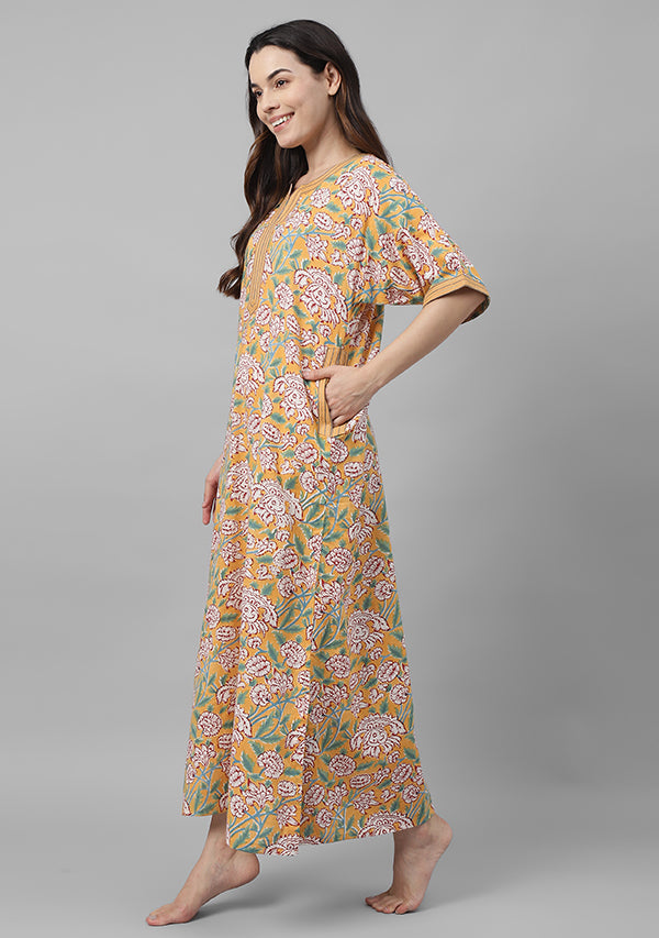 Yellow  Hand Block Printed Flower Motif Nighty Kaftan with contrast Stitch Lines