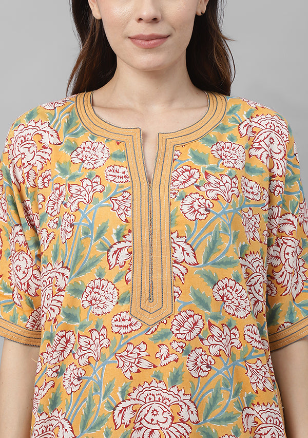 Yellow  Hand Block Printed Flower Motif Nighty Kaftan with contrast Stitch Lines