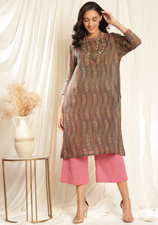 Teal Peach Hand Block Printed Co-ord Set with Pants and Bronze Trimmings