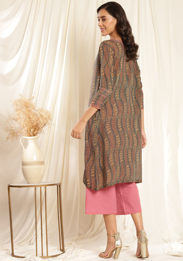Teal Peach Hand Block Printed Co-ord Set with Pants and Bronze Trimmings