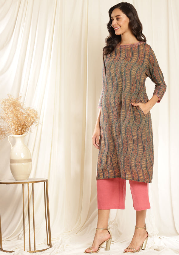Teal Peach Hand Block Printed Co-ord Set with Pants and Bronze Trimmings
