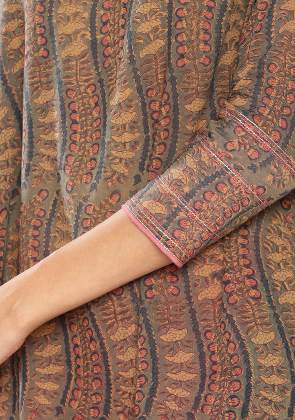 Teal Peach Hand Block Printed Co-ord Set with Pants and Bronze Trimmings
