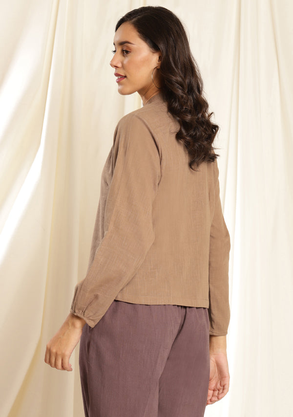 Brown Co-ord Set with Contrast Grey Pants and Bronze Trimmings