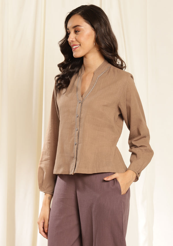 Brown Co-ord Set with Contrast Grey Pants and Bronze Trimmings