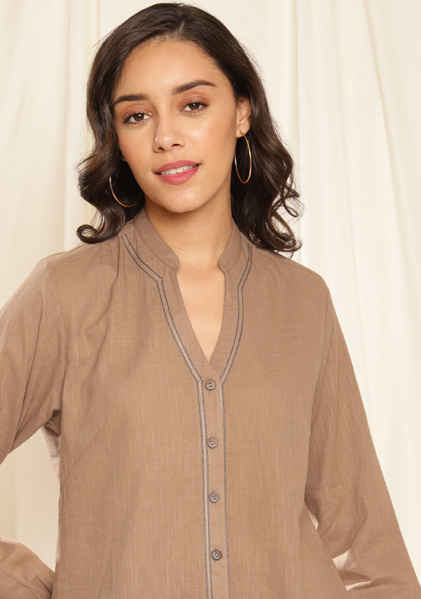 Brown Co-ord Set with Contrast Grey Pants and Bronze Trimmings