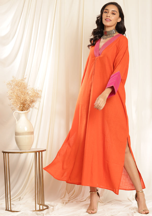Orange Fuchsia Cotton Kaftan Dress with Bronze Trimmings on Neckline and Cuffs
