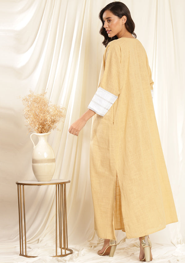 Beige Ivory Cotton Kaftan Dress with Bronze Trimmings on Neckline and Cuffs