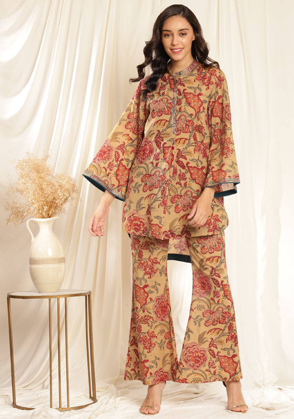 Mulmul Mustard Printed Co-ord Set with Printed Bell Bottom Pants and Bronze Trimmings