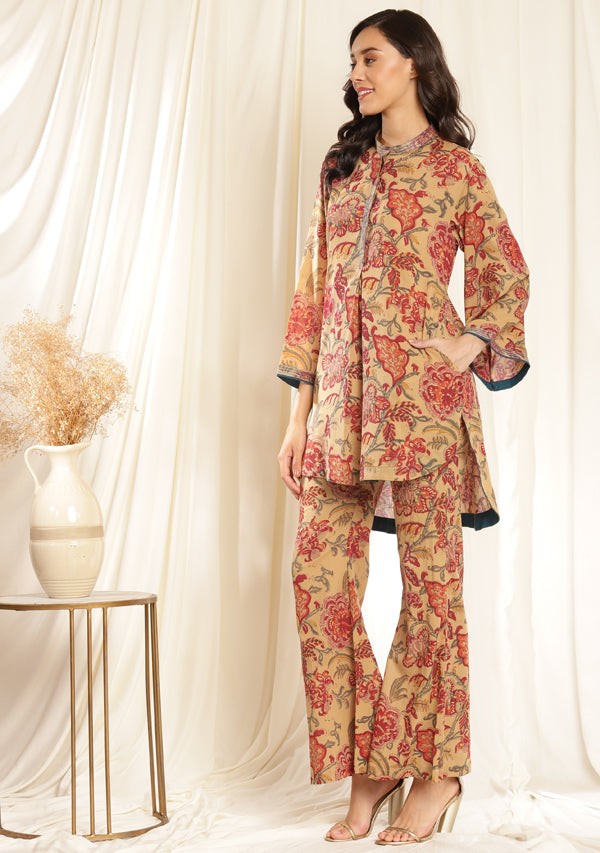 Mulmul Mustard Printed Co-ord Set with Printed Bell Bottom Pants and Bronze Trimmings
