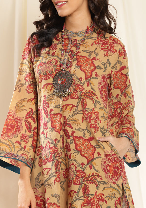 Mulmul Mustard Printed Co-ord Set with Printed Bell Bottom Pants and Bronze Trimmings