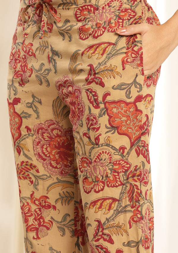 Mulmul Mustard Printed Co-ord Set with Printed Bell Bottom Pants and Bronze Trimmings