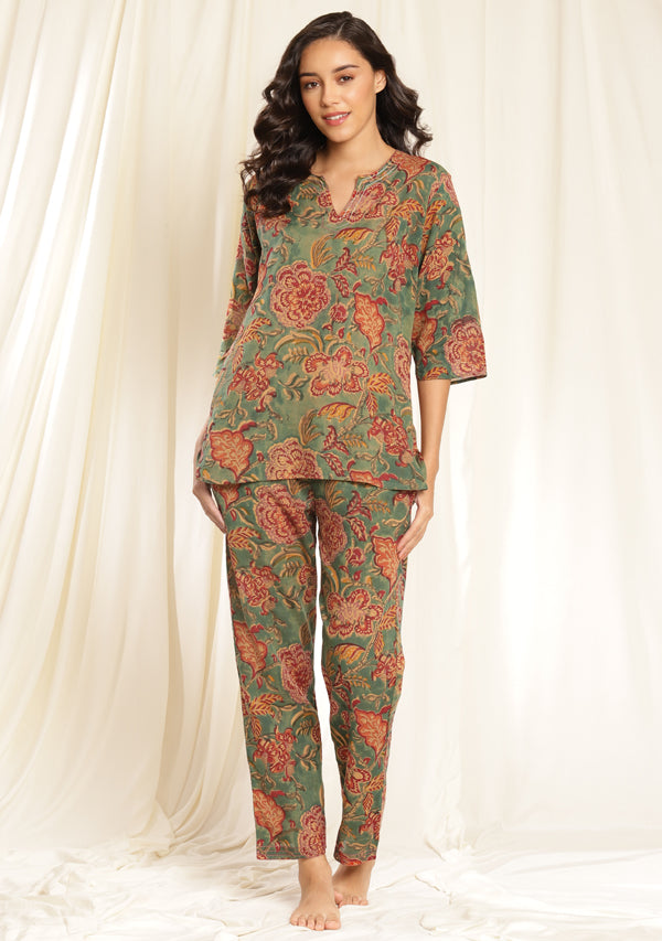 Aqua Red Floral Hand Block Printed Mulmul Night Suit with Bronze Trimmings