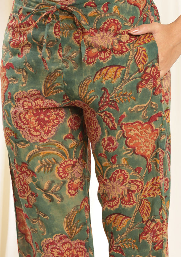 Aqua Red Floral Hand Block Printed Mulmul Night Suit with Bronze Trimmings