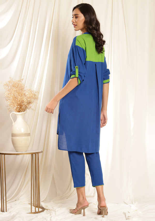 Royal Blue Front Open Cotton Co-ord Set with Neon Trimmings