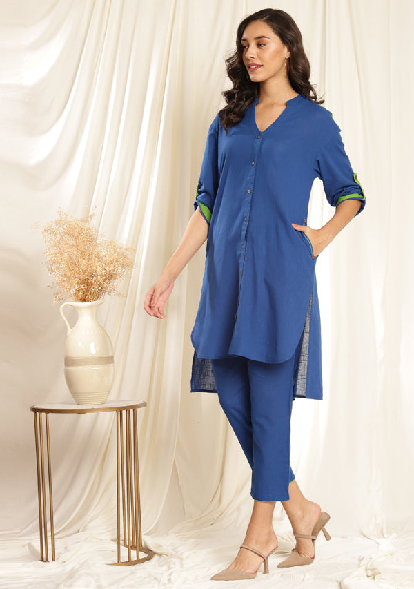 Royal Blue Front Open Cotton Co-ord Set with Neon Trimmings