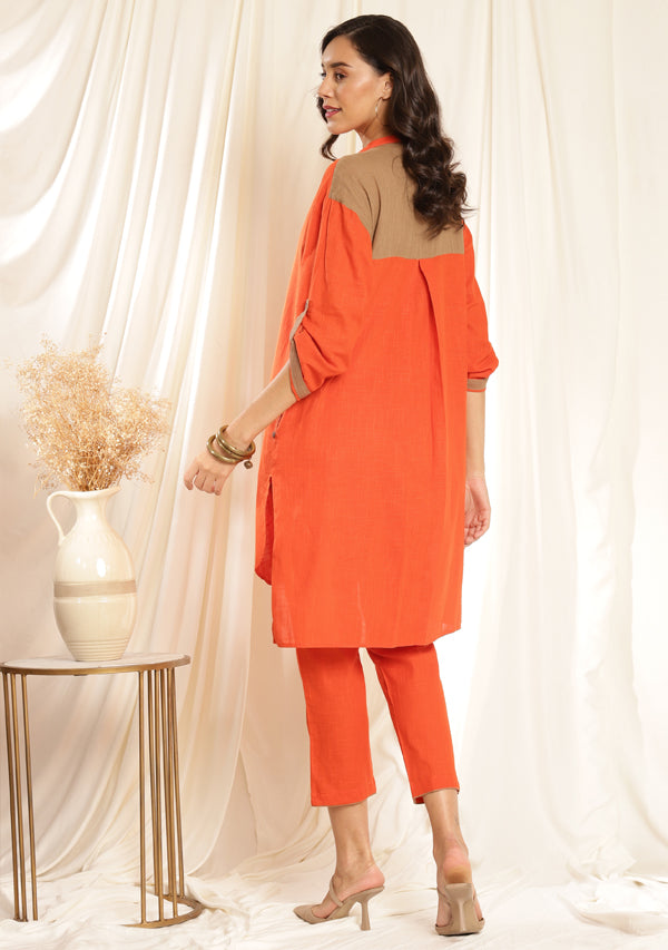 Orange Front Open Cotton Co-ord Set with Brown Trimmings