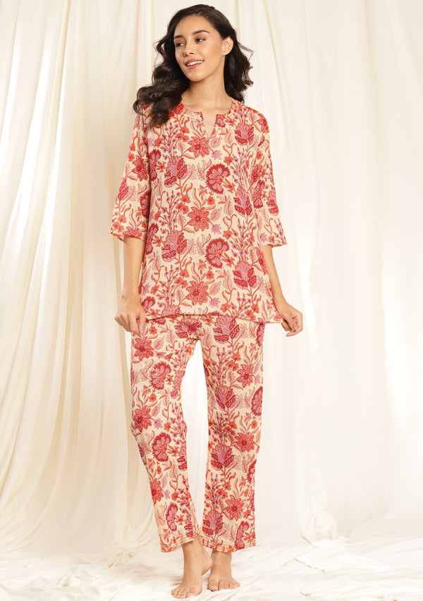 Ivory Orange Floral Hand Block Printed Mulmul Night Suit with Bronze Trimmings