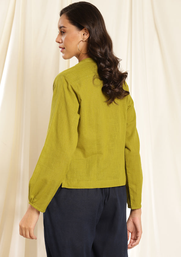 Olive Green Co-ord Set with Contrast Navy Blue Pants and Bronze Trimmings