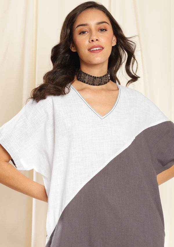 Grey White Loose Fit Cotton Dress