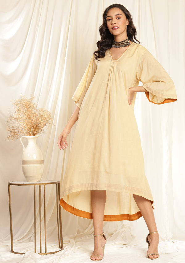 Beige Mustard Mulmul Dress with Contrast Trimmings (with Slip)
