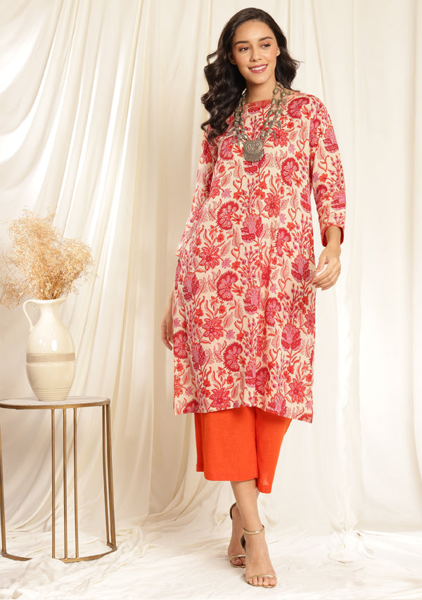 Ivory Orange Floral Hand Block Printed Mulmul Co-ord Set with Orange Pants and Bronze Trimmings
