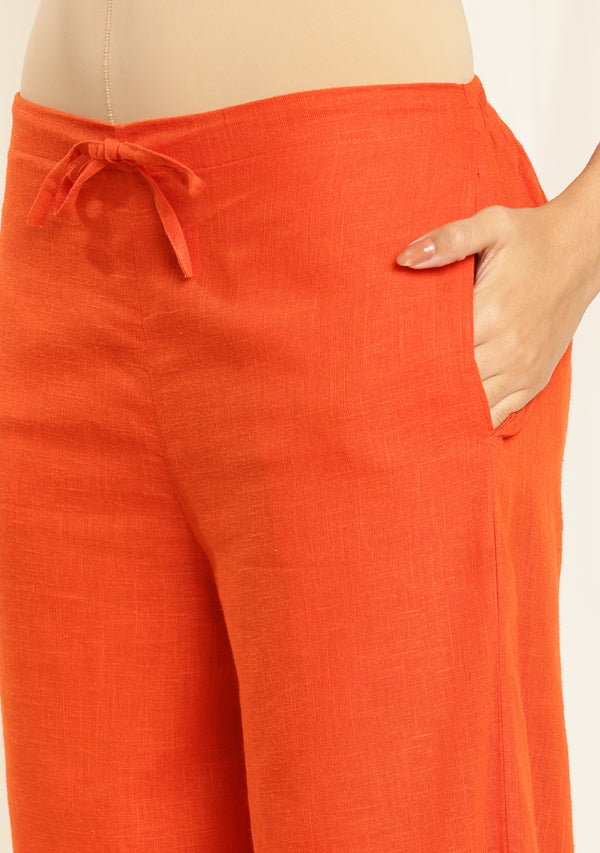 Ivory Orange Floral Hand Block Printed Mulmul Co-ord Set with Orange Pants and Bronze Trimmings