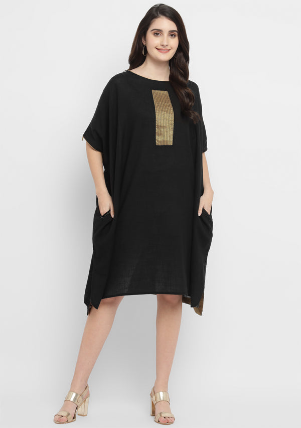 Black Cotton Block Dress with Gold Embellishments