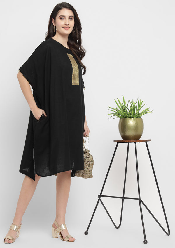 Black Cotton Block Dress with Gold Embellishments