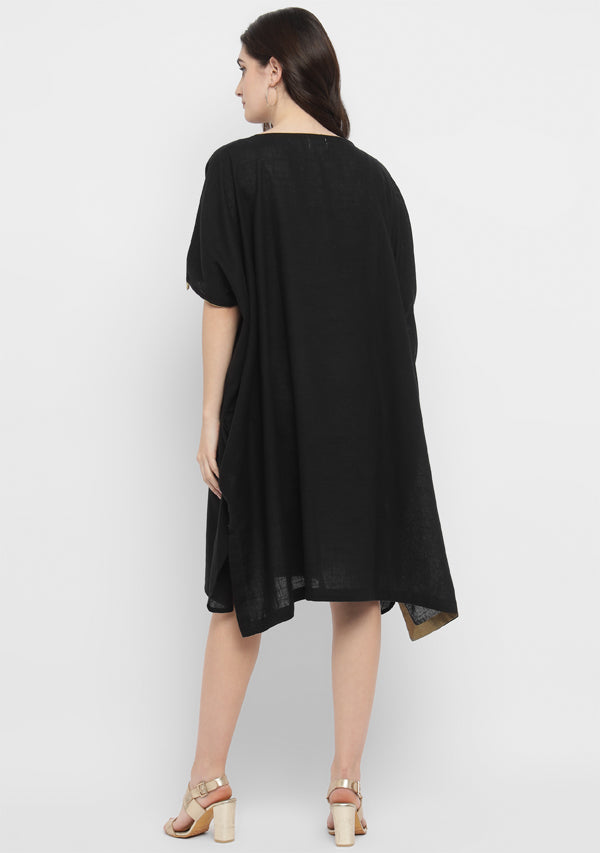 Black Cotton Block Dress with Gold Embellishments