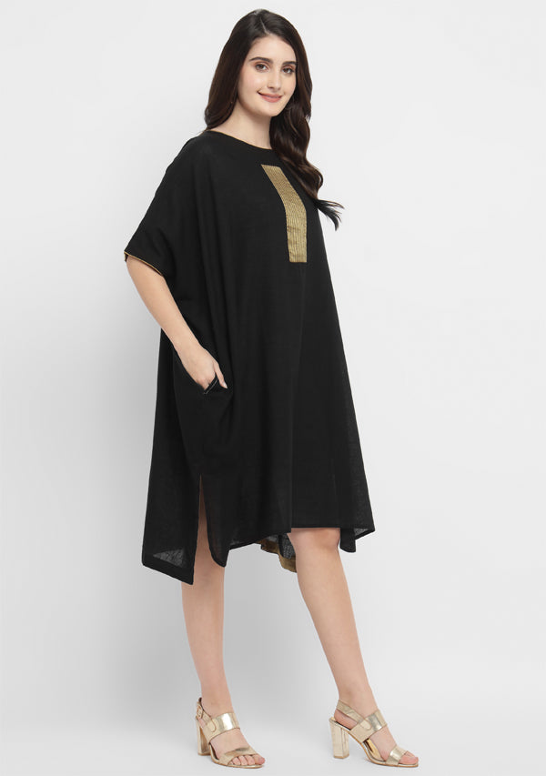 Black Cotton Block Dress with Gold Embellishments