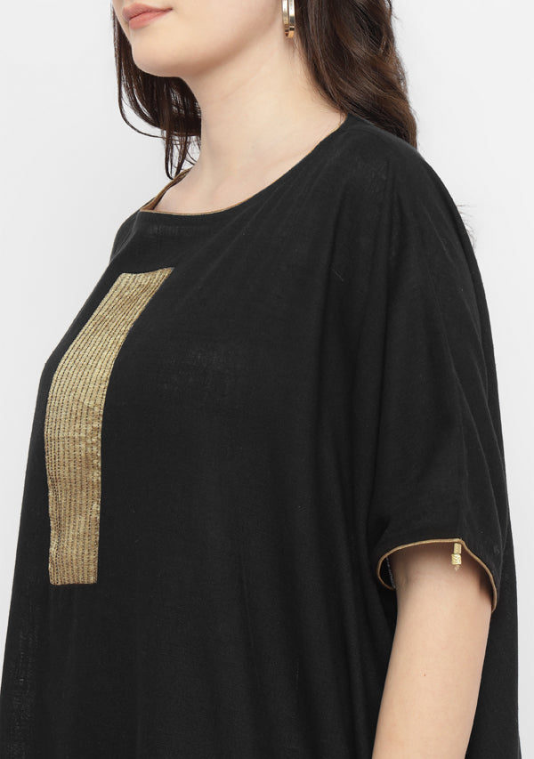 Black Cotton Block Dress with Gold Embellishments