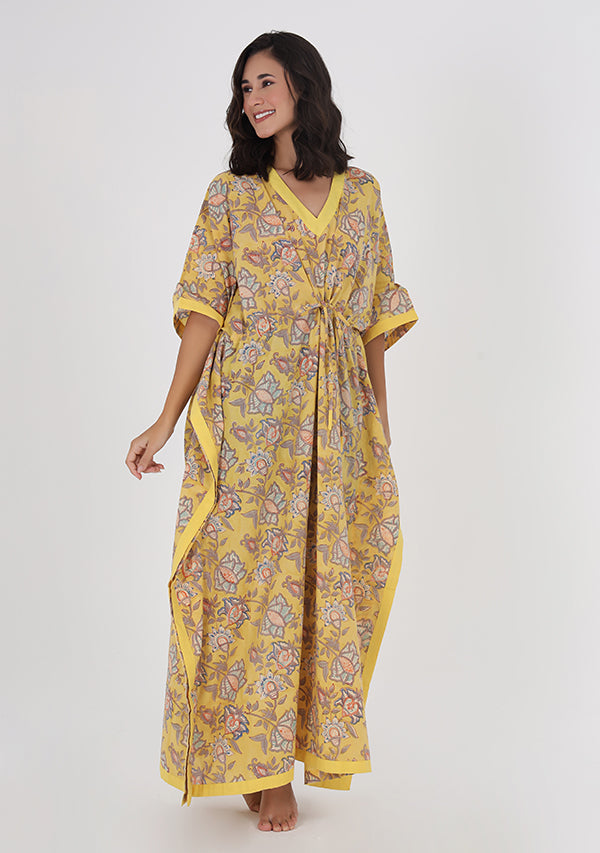 Yellow Grey Floral Hand Block Printed Tie-Up Waist Cotton Kaftan